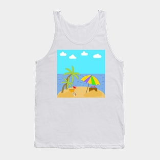 A vacation on a beach with palm trees, Ocean, sky and clouds with Umbrella, suitcase and beach toys. Tank Top